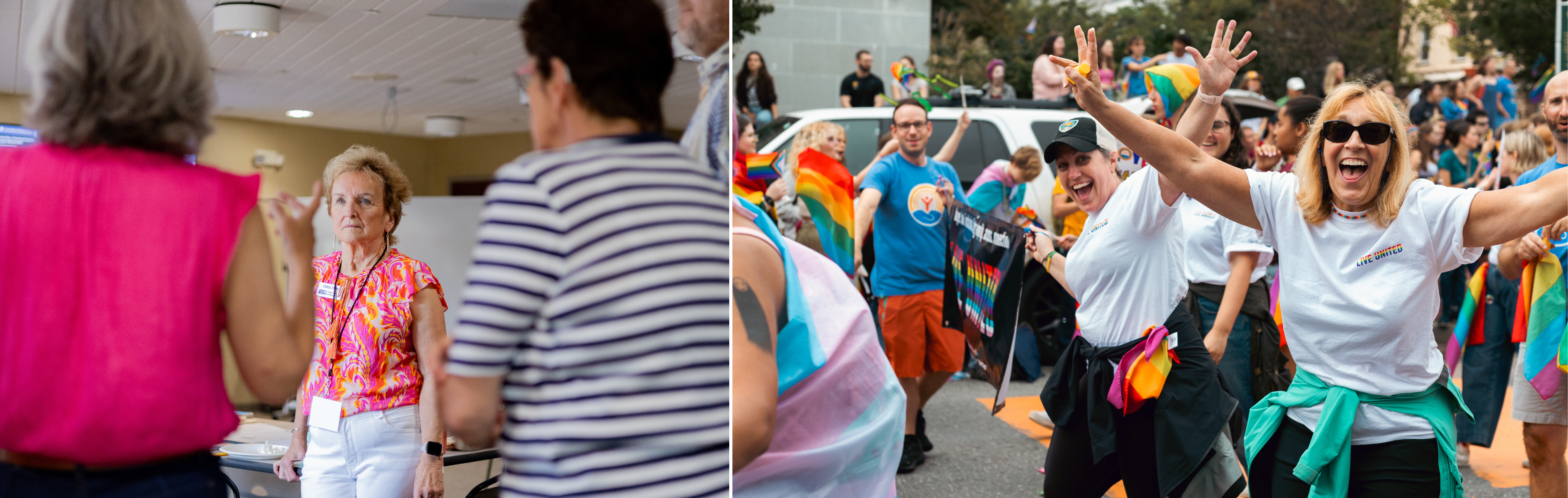 A photo of a United Way staff at a staff and board retreat next to a photo of United Way marching in the pride parade