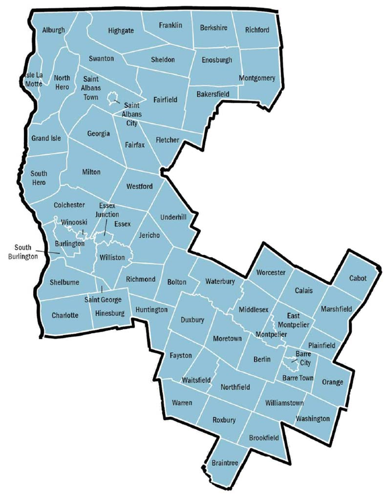 A map showing towns in Northwest and Central Vermont 