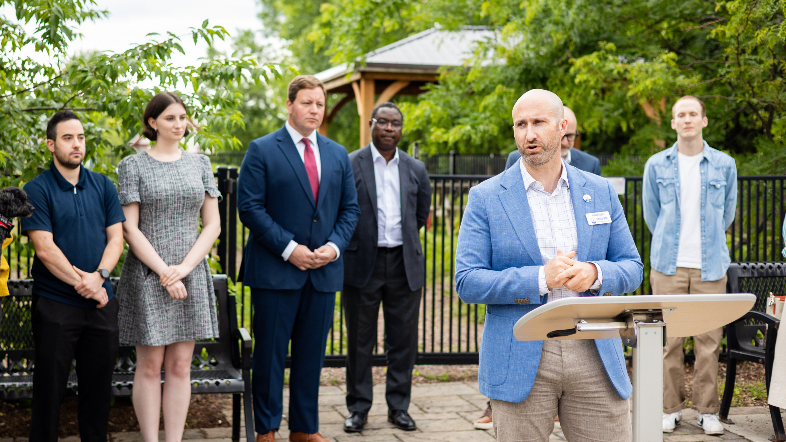 Jesse Bridges, United Way of Northwest Vermont CEO, speaking at a press conference about the Vermont Immigration Legal Defense Fund